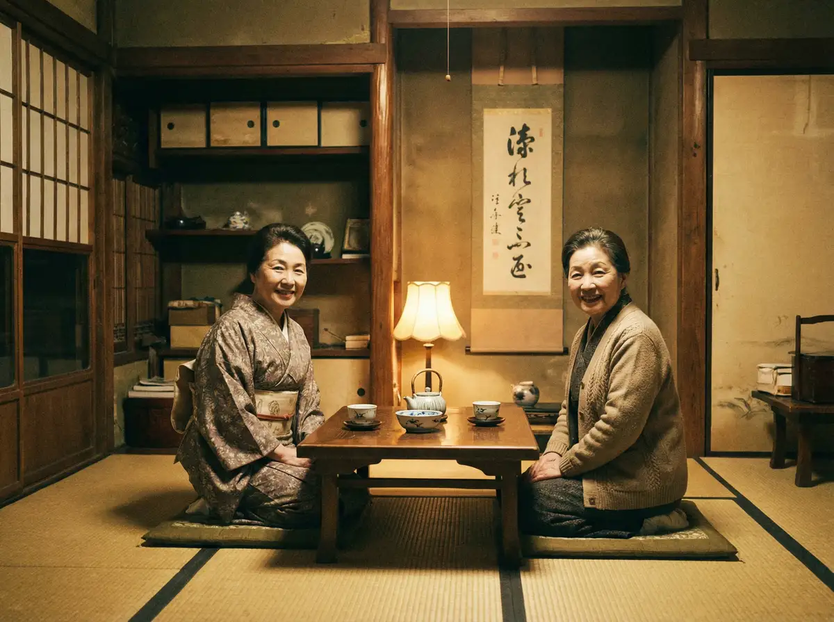 两位优雅的 A片 在日式茶室中品茶交谈